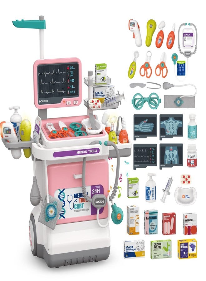Fegalop Doctor Kit for Kids Pretend Medical Station Set for Boys & Girls Mobile Cart with Kids Play Set for Ages 3 and Up Children Role Play Educational Toys (Pink) - Image 2